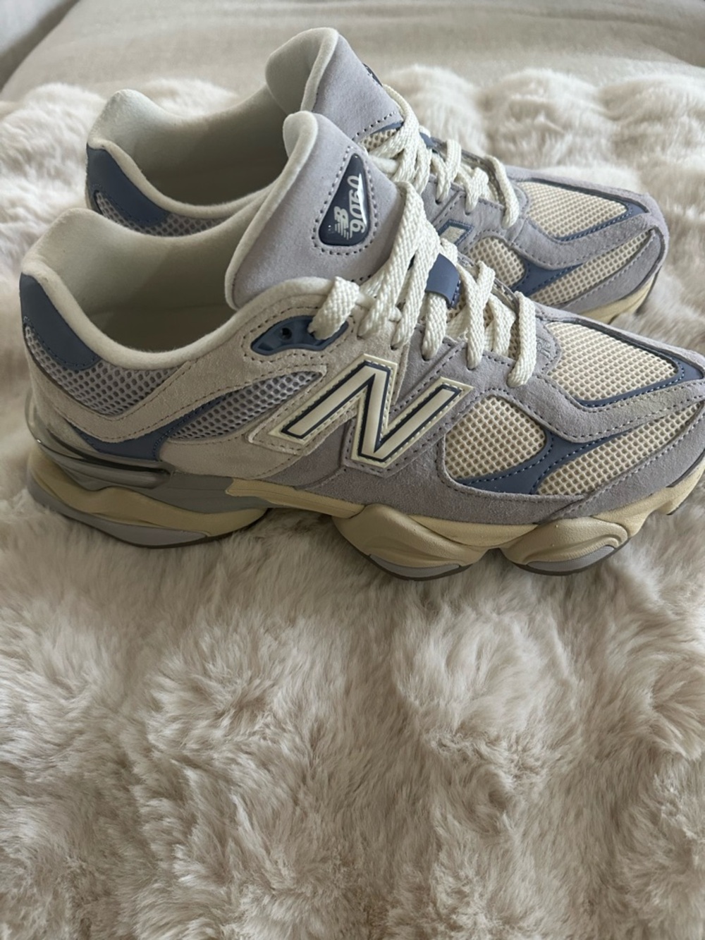 New Balance 9060 Women's Cream and Light Blue Mesh Sneakers - Picture 2 of 4